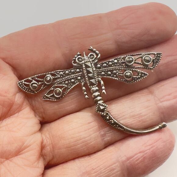 Vintage Marcasite Brooch Dragonfly Signed MC Marsala Art Deco Style Sterling 5g - Picture 3 of 8